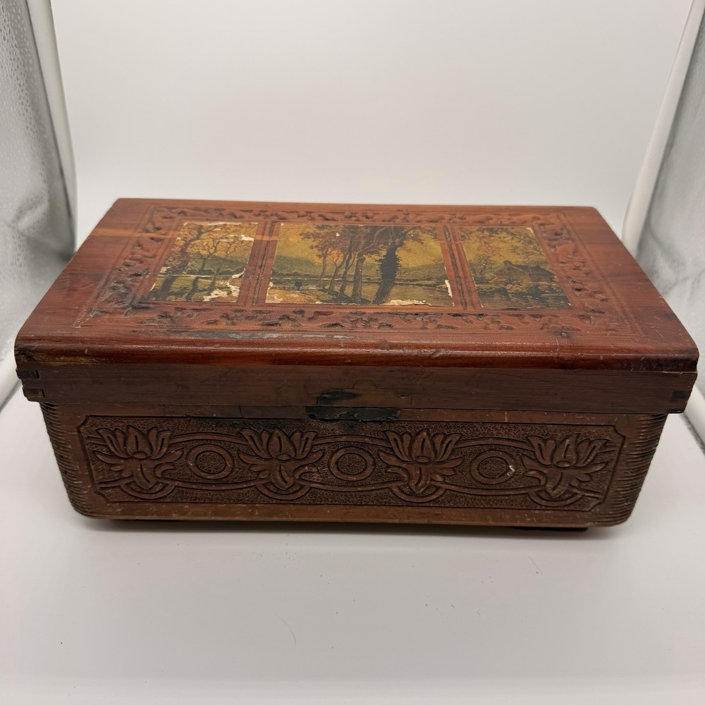 Wooden Jewelry Sewing Box, Vintage with Mirror Lid No Hardware Blue Felt Lining